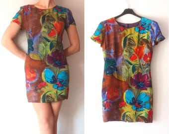 Vintage Womens Floral Mini Dress Size XXS Floral Print Multicolored Mini Dress Short Sleeve Statement Dress Unique Flowers Short Dress