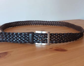 Cinturón de cuero marrón oscuro vintage para hombre, talla grande, trenzado marrón, cinturón de cuero informal liso, hebilla cuadrada plateada, cinturón trenzado.