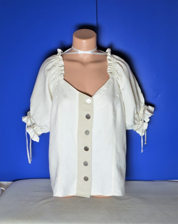 Vintage Women Linen Blouse Size L Off White Dirnd… - image 6
