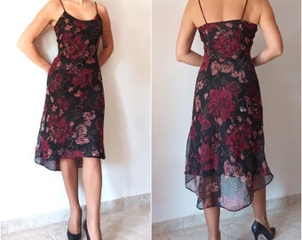 Vintage Women Black Burgundy Floral Dress Size XS Black Floral Tulle Dress Layer Slip Dress Sleeveless Cami Long Assymetrical Khaki Dress