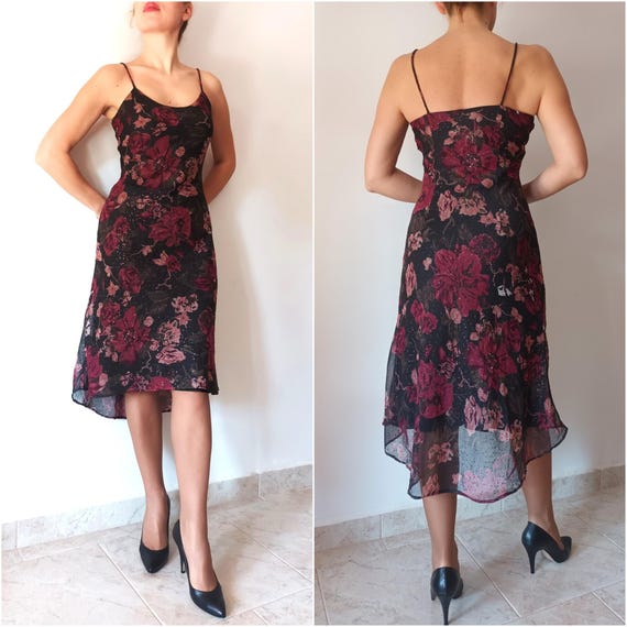 Vintage Women Black Burgundy Floral Dress Size XS Black Floral Tulle Dress Layer Slip Dress Sleeveless Cami Long Assymetrical Khaki Dress