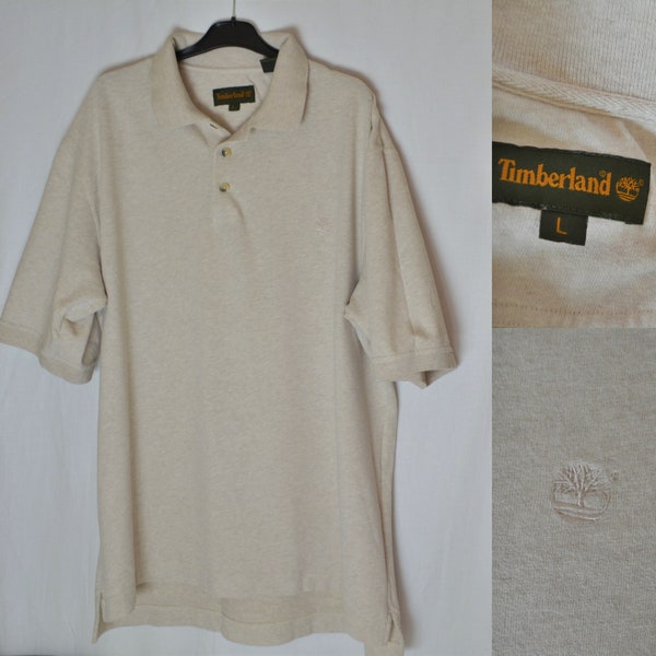 Vintage Timberland Men's T-Shirt Size L Heavy Cotton Beige Ecru Solid Short Sleeve Polo T-shirt 2000's T-shirt Cotton Collared T Shirt