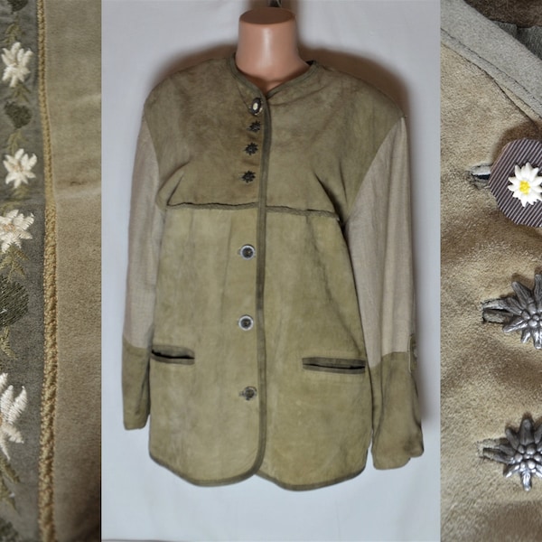 Vintage Frauen Dirndl Wildleder Jacke Größe L / 42 Olivgrün Salbei Leder Leinen Trachten Blazer Knöpfe Tirol Oktoberfest Bestickte Jacke