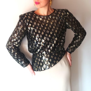 Rare Vintage Women Black Gold Fully Sequined Top Size XS Black Gold Long Sleeve Shiny Sequined Blouse Party 90's Style Disco Holiday Top