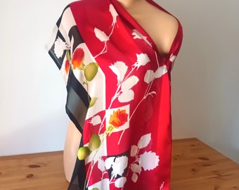 Vintage Women Red Black Silk Long Scarf Red White Floral Print Silk Scarf Satin Silk Neck Scarf Red White Roses Neckscarf Handrolled