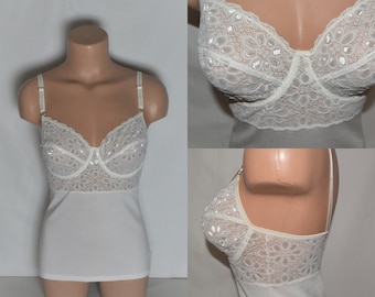 Vintage White Lace Built in Bra Size 75C Bridal Bra Camisole Bra Lace Overlay Floral Tank Bra Lace Cami Under Wear Bra Top Lace Bralette