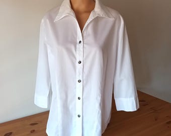 Vintage Women off White Satin Blouse Size M Ecru Satin Shirt Long