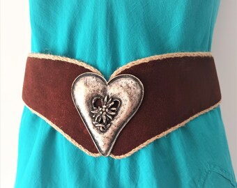 Deadstock Vintage Women Brown Suede Dirndl Belt Adjustable Wide High Waist Folk Belt Silver Heart Shaped Edelweiss Buckle Handcrafted Belt