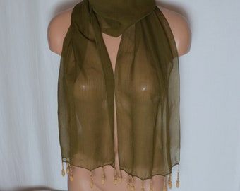 Bufanda larga vintage de viscosa verde caqui para mujer, bufanda larga transparente con estampado liso, cuentas de madera y flecos, bufanda para el cuello estilo boho caqui.
