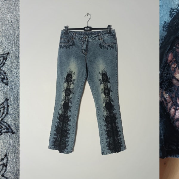 Vintage Women Denim Flared Pants Size M/L Black Lace Details Beaded Medium Wash Jeans Blue Straight Lace Splits Pants Trousers High Rise Y2K