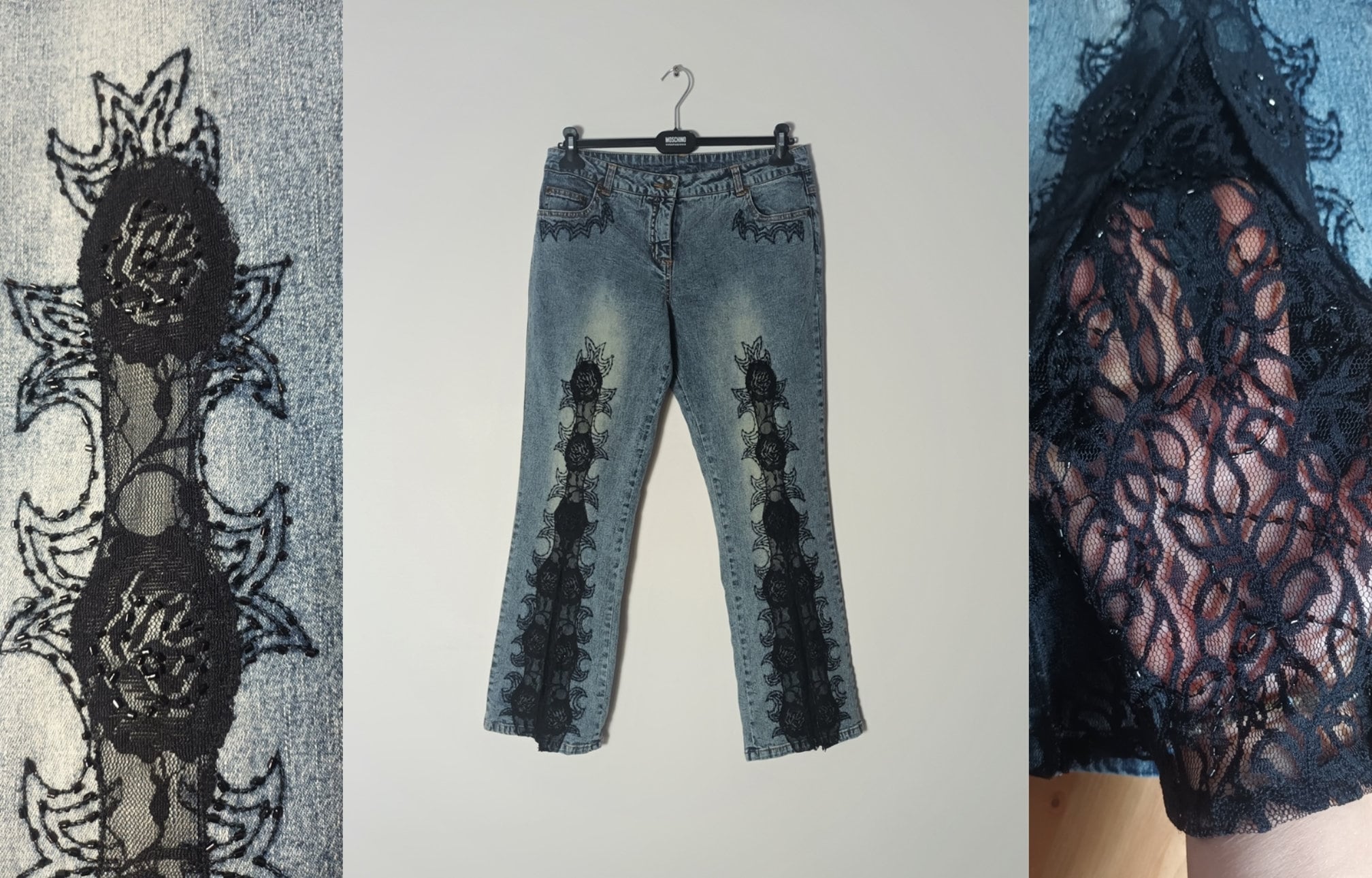 Vintage Frauen-Denim Schlaghose Größe M / L Schwarze Spitze Details Perlen Medium Wash Jeans Blau Gerade Spitze Spaalt Hose Hose High Rise Y2K