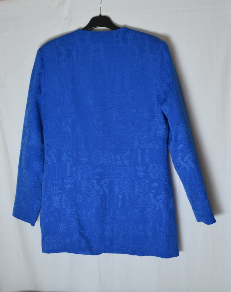 Blue Women Jacket Size 3840M Vintage Fully Lined Long Sleeve Spring Jacket Abstract Print 80s German Retro Clothing Buttons Down Blazer