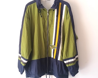 Vintage Men's Windbreaker Jacket Size M Green Blue Striped Retro Old School Multicolor Hipster Sport Track Rain jacket 90's 80's Streetwear