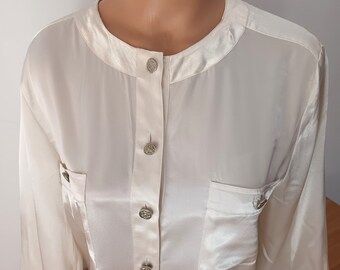 Vintage Women Cream Satin Blouse Size M Ecru Satin Shirt