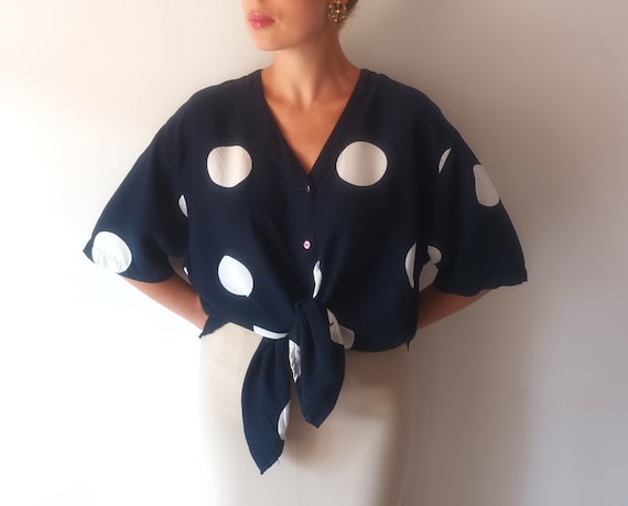 Vintage Womens Blue Polka Dot Blouse Size L Navy Blue White Polka