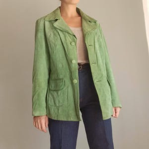 Vintage Womens Green Suede Jacket Size L Light Green Suede Leather Solid Blazer Buttoned Suede Overcoat Green Suede Blazer Collared Jacket