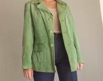 vintage Veste verte en daim pour femme Taille L Blazer uni en cuir suédé vert clair Pardessus boutonné en daim Veste blazer en daim verte à col