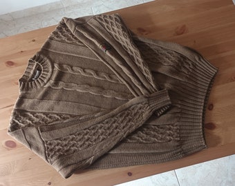 Vintage BARBOUR Men's Wool Sweater Size XXL Brown Tan Knit Wool Jumper Cable Knit Sweater Made in Scotland Casual Pullover Sweatshirt