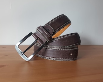 Vintage Men's Brown Genuine Leather Belt Size M Casual Matte Brown Solid Print Belt Silver Tone Square Buckle Leather Brown Classic Belt