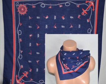 Vintage Cotton Bandana Nautical Print Blue Red White Western Cowboy Knots Flags Ancors Print Bandana Small Square Neckerchief Kerchief