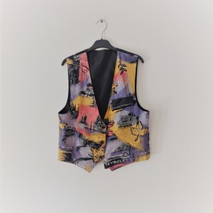 Vintage Woman Vest Size M Abstract Multicolored Vest Light Vest Pink Black Orange Gilet Sleeveless Jacket Retro Buttons Boho Hippie Y2K Vest