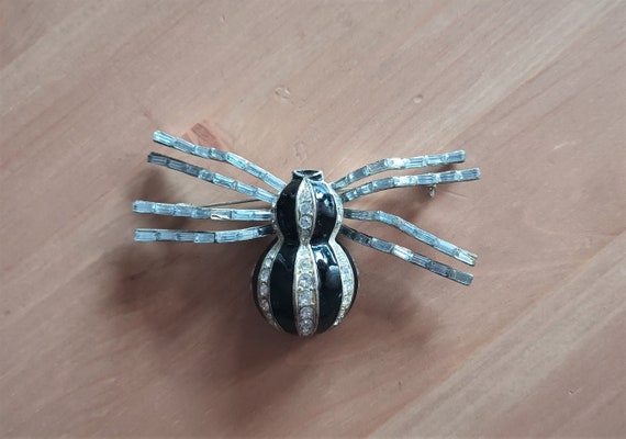 Vintage Enamel Black Spider Brooch with Rhineston… - image 6