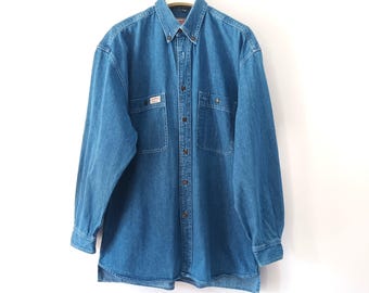 Vintage Men's Blue Denim Shirt Size M Blue Denim Long Sleeve Shirt Buttonrd Cotton Shirt Jean Shirt Mid Blue Two Chest Pockets