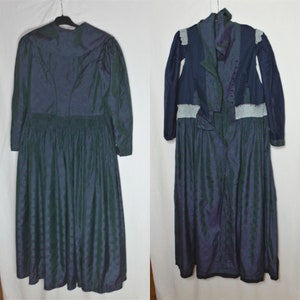 Rare Vintage Women Silk Dirndl Maxi Dress Size S/M Jacquard Green Purple Chameleon Long Dress Long Puffy Sleeve Renaissance Fairytale Dress image 6