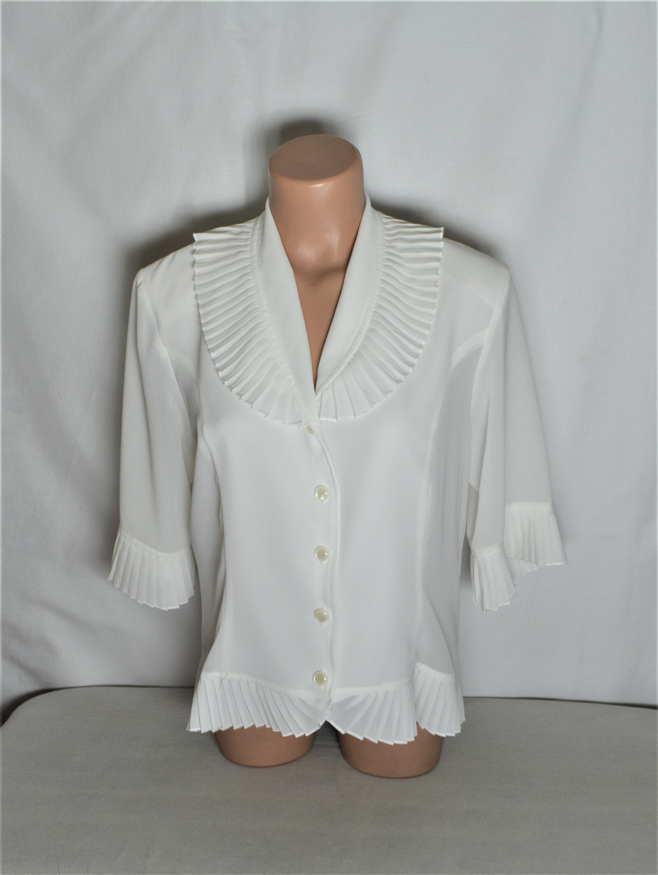 Vintage 80s double embroidered collar white 100/% viscose blouse