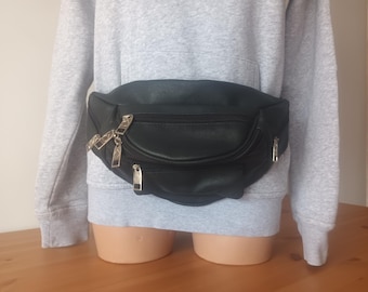 Vintage Black Large Fanny Pack Bag Bum Bag Waist Bag Faux Leather Belt Bag Black Hip Bag Crossbody Bag Eco LeatherTravel Bag Market Bag