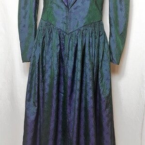 Rare Vintage Women Silk Dirndl Maxi Dress Size S/M Jacquard Green Purple Chameleon Long Dress Long Puffy Sleeve Renaissance Fairytale Dress image 2