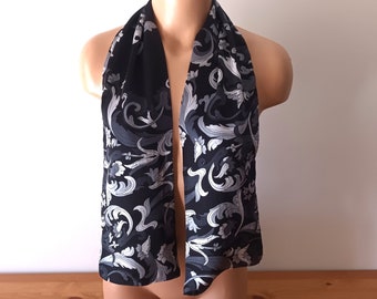 Vintage Black Gray Long Silk Scarf Damask Print Black Silk Scarf Satin Neck Scarf Floral Silk Scarf Dark Gray Long Scarf