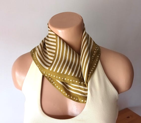 Vintage Silk Square Small Scarf Khaki Ecru Geometric Striped Print Silk Neckscarf Unisex Bandana Olive Green Small Silk Kerchief