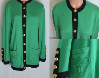 Vintage ARA Women Wool Knit Cardigan Size L/42 Green Black Trim Golden Buttons Cardigan Sweater Pullover German Premium Quality Wool Top