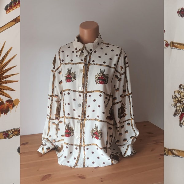 Rare Vintage Women's Shirt Size XL Baroque Print Shirt Beige Red Green Viscose Long Sleeve Novelty Barocco Crowns Belts Wings Pheasant Shirt