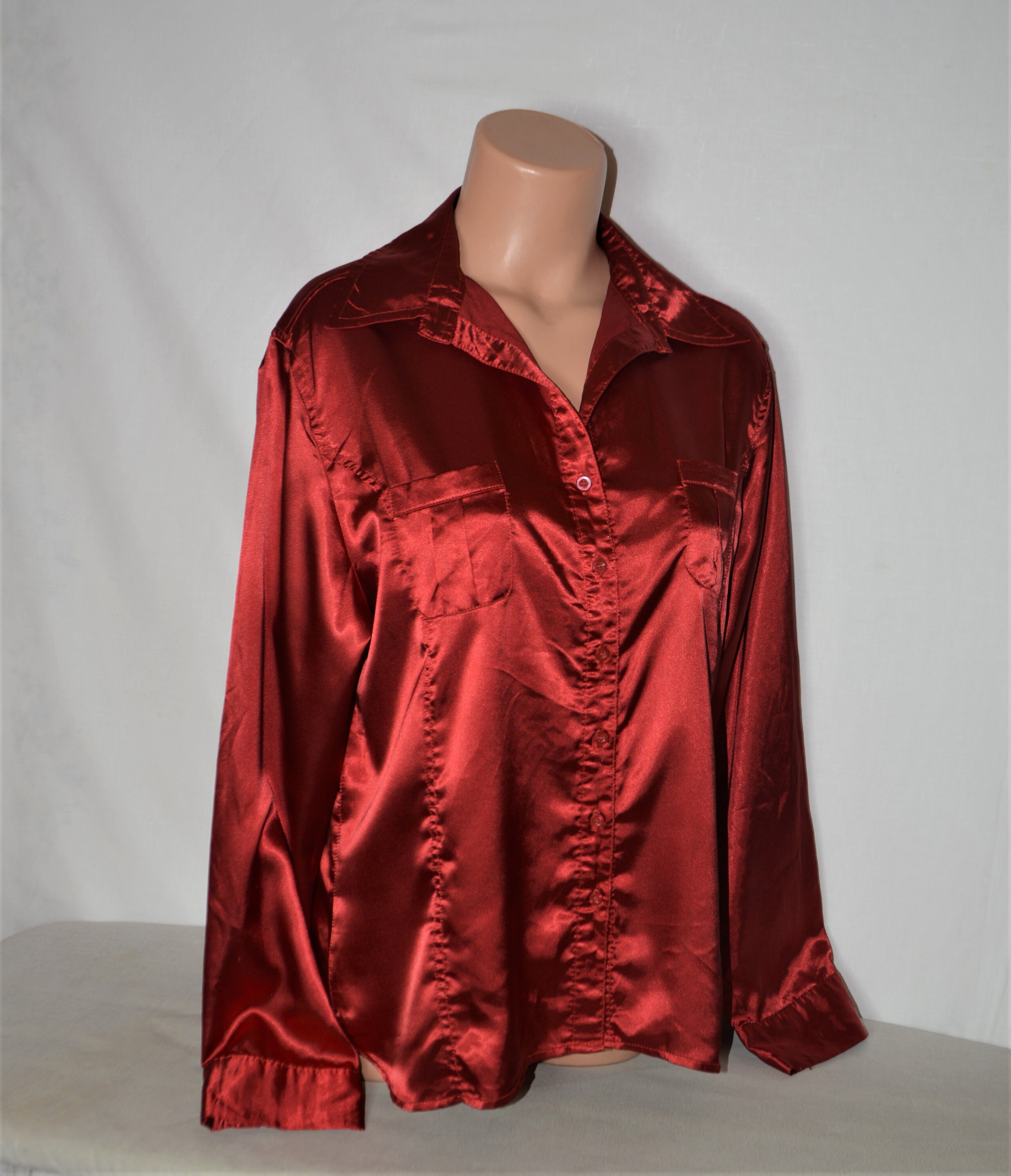 Vintage Women Burgundy Satin Blouse 