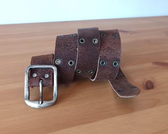 Vintage Men's Brown Leather Belt Metal Details Brown Round Rivets Waist Belt Square Silver Tone Buckle Punk Hip Hop Rock Belt Made in Italy