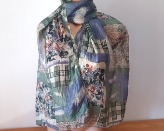 Vintage Women Blue Green Floral Silk Scarf Long Silk Scarf Green Blue Flowers Scarf Long Floral Scarf Multicolored Lightweight Neck Scarf