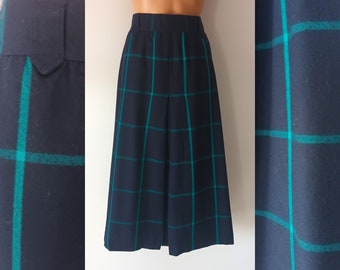 Vintage Plaid Wool Pleated Skirt Size L/46 Navy Blue Turquoise Plaid Midi Below Knee Wool Pleated Skirt Scottish Style Tartan Plaid Skirt
