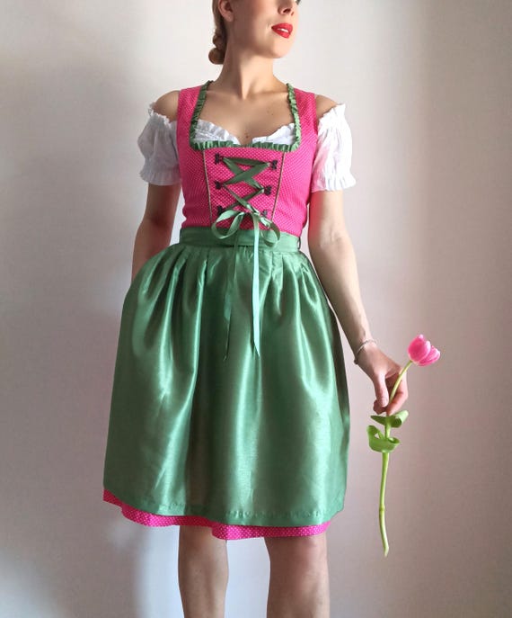 bright pink and green dress Vintage Dirndl Polka Dot Mini Size S Fuchsia Green Apron Dress Sleeveless Austrian Folk Trachten Oktoberfest Dress green and pink floral dress