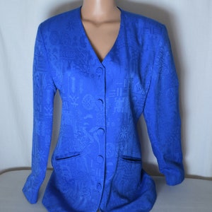 Chaqueta vintage azul cobalto para mujer, talla M, blazer azul eléctrico de manga larga con estampado abstracto azul, botones retro alemanes de los años 80, blazer largo
