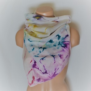 Vintage Women Silk Square Scarf Purple Green Yellow Pink Ombre Silk Scarf Handpainted Tie Dye Silk Scarf Light Marble Print Multicolored