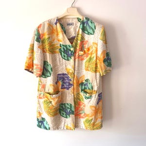 Vintage Womens Yellow Green Beige Jacket Size L Short Sleeve Linen Summer Blazer 80s Tropical Mood Plants Yellow Cotton Blazer Buttoned Top