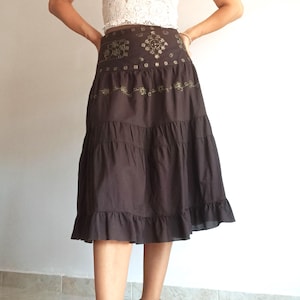 Vintage Womens Brown Cotton Skirt Size L Embroidered Midi Solid A-Line Skirt Brown Boho Summer Hip Pleat Skirt Brown Godet Beaded Skirt