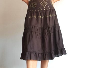 Vintage Womens Brown Cotton Skirt Size L Embroidered Midi Solid A-Line Skirt Brown Boho Summer Hip Pleat Skirt Brown Godet Beaded Skirt