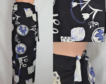Vintage Wrap Maxi Skirt Viscose One Size Abstarct Floral Print Semi Sheer White Black Blue Wrap Beach Pareo Sarong Summer Long Swim Skirt