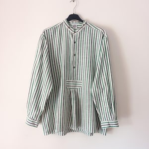Vintage Men&#39;s Dirndl Green White Black Linen Shirt Size L Trachten Tyrol Striped Shirt Loden Oktoberfest Bavarian Long Sleeve Tuxedo Shirt