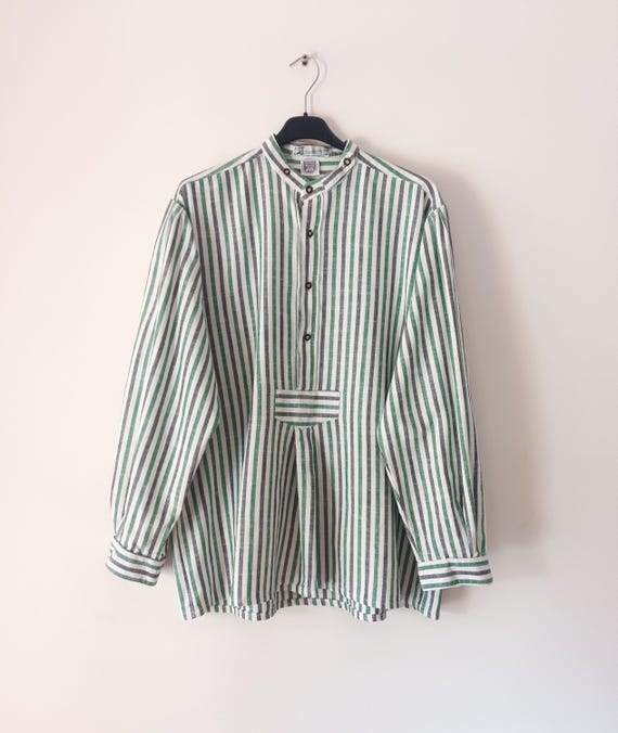 Camisa Dirndl vintage de lino verde, blanco y negro para hombre, talla L,  camisa a rayas tirolesa, camisa de esmoquin bávara de manga larga para