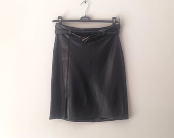 Vintage Women Black Leather Mini Skirt Size S Genuine Leather Mini Black Skirt Solid Knee Length Leather Skirt Office Casual Business Skirt
