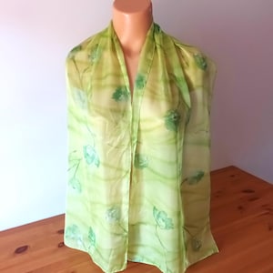 Vintage Green Floral Scarf Green Flowers Semi Sheer Scarf Green Sheer Long Scarf See Through Neck Scarf Made in Italy Scarf